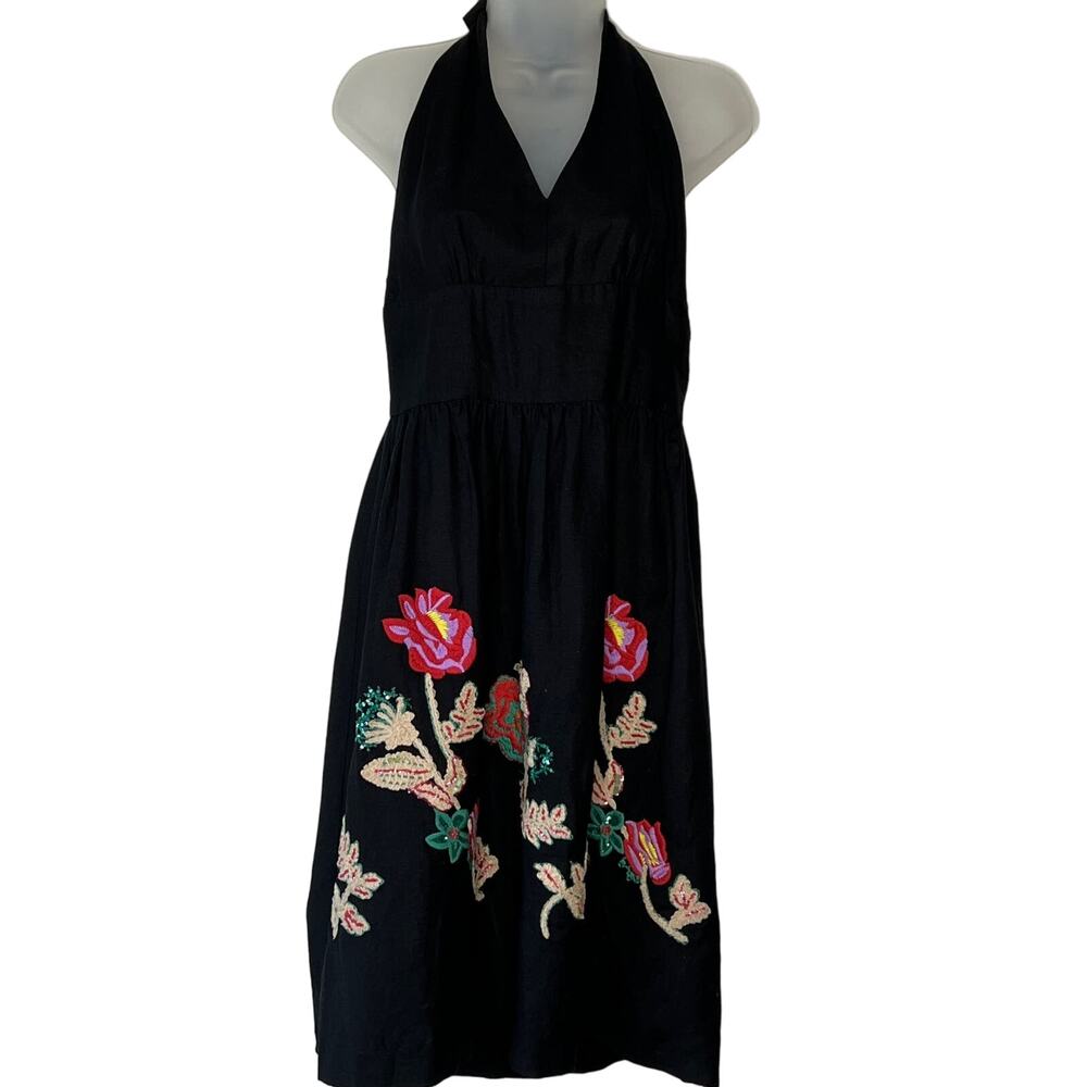 Suzi Chin Black Halter Mini Dress with Floral Embroidery